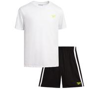 Reebok Conjunto de pantalones cortos deportivos para niños, ropa de verano de 2 piezas con camiseta de bolsillo y pantalones cortos para correr para niños activos, Blanco/Negro, 12