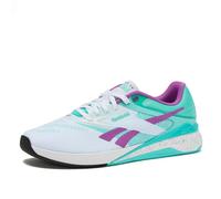 Reebok Nano X5 - Tenis Ligeros para Hombre, Entrenamiento Cruzado y Correr Ligeros para Hombre, Calzado Blanco/Ai Aqua/Morado Rave, 8.5 Women/7 Men