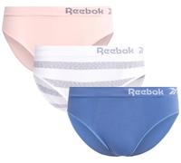 Reebok Ropa interior de bikini para mujer, paquete de 3 calzones suaves y elásticos, sin etiquetas, ropa interior sin costuras para mujer, Rayas blancas/loto/azul coronet, S