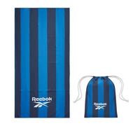 Reebok Toalla de Playa Microfibra Antiarena 90x180 cm | Secado Rápido, Ligera y Compacta con Bolsa | Toalla Grande para Gym, Piscina y Viaje, Diseño Rayas Azul Marino