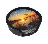 Reeds By The River - Juego de 6 posavasos de cuero para tazas de té, tazas de té, tazas de bebidas, para cocina, bar, decoración del hogar, regalo de inauguración de la casa