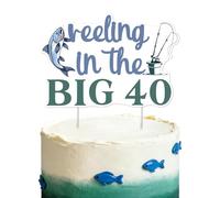 Reeling in the Big 40 - Decoración para tarta de cumpleaños número 40 para hombres y mujeres, decoración de pastel de 40 cumpleaños con temática de pesca de pescador, pescador, suministros de fiesta