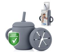 Reer Taza 2 en 1 para bebés y niños pequeños | Práctico compañero para viajar | a prueba de fugas | Snack Cup | Vaso | Gris-azul
