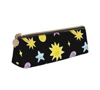 ReesEt Estuche para lápices con diseño de Estrellas, Luna, Sol y Cometa, diseño Triangular, de Piel, portátil, con Cremallera, para cosméticos