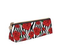 ReesEt Estuche para lápices con diseño de Rosas Rojas y Cebra Blanca, Estuche para bolígrafos Triangular, Estuche de Cuero portátil con Cremallera, Estuche para cosméticos