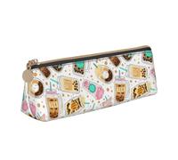 ReesEt Patrón de té de Burbujas de Dibujos Animados Lindo, Estuche para lápices Triangular, Estuche de Cuero portátil para lápices con Cremallera, Bolso cosmético