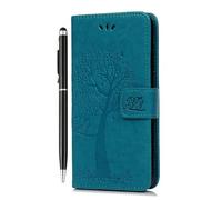 Reevermap Funda con tapa para Motorola G37/G47 de piel sintética a prueba de golpes, con imán de búho y árbol para Moto G47/G37/G37 Power con soporte para tarjetas y 1 lápiz táctil, color azul