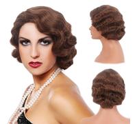 REEWES Peluca corta de los años 20, peluca ondulada con los dedos, peluca corta y rizada, estilo vintage, pelucas sintéticas para mujeres, disfraz de cosplay, disfraz de fantasía, peluca con aletas