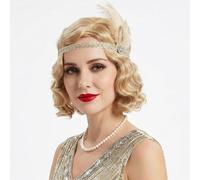 REEWES Peluca larga de los años 20, peluca ondulada con los dedos, rizada y corta, vintage, para mujer, sintética, resistente al calor, para cosplay, vestido con gorro de peluca (rubia)