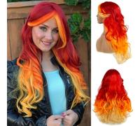 REEWES Peluca para mujer, color amarillo sobre naranja a rojo, rizos largos ondulados, naturales, para uso diario, anime, cosplay, fiesta de disfraces, Halloween, carnaval