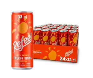 Refeel Bebida Energética 100% Natural con Cafeína Vegetal, Sabor Mango y Piña, Baja en Calorías - Pack 24 Latas x 33cl