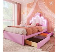 Refined Cama tapizada, 90 x 200 cm, sin colchón, luz Ambiental con Mando a Distancia, Cama con 2 cajones, Cama de Princesa en Forma de Corona, cabecero Ajustable, PU, Rosa