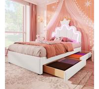 Refined Cama tapizada, 90 x 200 cm, sin colchón, luz Ambiental con Mando a Distancia, Cama con 2 cajones, Cama de Princesa con Forma de Corona, cabecero Ajustable, PU, Blanco