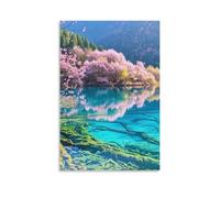 Reflejo de un lago con flores de cerezo Cuadro De Pared Lago espejo Decoración De Pared Lienzo Impermeable Resistente A La Humedad Ecológico Cocina Oficina Decoración Ideal 16x24inch(40x60cm)