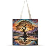 Reflejo del árbol al atardecer Bolsa de Lona 38x34cm Tote Bag sin Cremallera,juego de 10 Canvas Tote Bags para Mujer,Bolsa de Compras Plegable,Bolso de Mano Lavable para Compras,Vida Cotidiana,Viajes