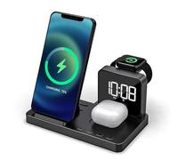 Reflexion Cargador inalámbrico 4 en 1 con reloj y despertador | Estación de carga inalámbrica para smartphone, Apple Watch y auriculares | Carga rápida de 15 W | Función de despertador dual | Conector