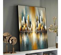 Reflexiones urbanas: Paisaje urbano abstracto en tonos dorados y azules sobre lienzo, arte urbano, pósteres de pintura para decoración de paredes del hogar de estilo vintage (21x30cm/marco interior)