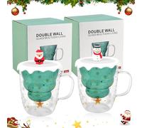 REFORUNG 2 PCS Taza de Café de Navidad 300ml Tazas de Vidrio Doble Pared con Forma de Árbol de Navidad Taza de Café Espresso con Asa y Tapa Linda Taza