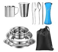 REFORUNG Juego de Platos y Cubiertos de Camping 11 en 1, Set de Vajilla para Acampar de Acero Inoxidable con Cuenco Vaso Cuchillo Tenedor Cuchara Palillo Blosa, 1-2 Pesonas