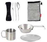 REFORUNG Kit Platos y Cubiertos Camping 8 en 1 Juego de Cubiertos para Acampar Set de Vajilla de Camping de Acero Inoxidable con Platos Cuenco Vaso Cuchillo Tenedor Cuchara y Blosa para 1 Pesonas