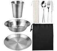REFORUNG Kit Platos y Cubiertos Camping 8 en 1 Juego de Cubiertos para Acampar Set de Vajilla de Camping de Acero Inoxidable Portátil con Plato Cuenco Vaso Cuchillo Tenedor Cuchara Blosas- 1 Pesona