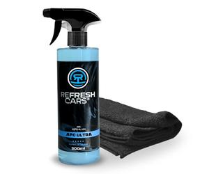 Refresh Cars Limpiador Tapiceria Coche y Salpicaderos - APC Spray Limpieza Interior y Motor - Quitamanchas Asientos, Techo y Alfombrillas - Ph Neutro Aroma Fresco - Kit con Bayeta Microfibra (500ml)