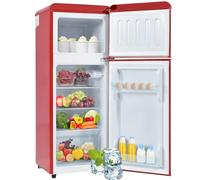 Refrigerador estándar de estilo retro independiente, 105,5 cm de alto, 41 cm de ancho, 92 litros de volumen total de -27 °C a +13 °C, clase energética D, color rojo