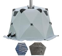 Refugio de pesca en hielo con suelo aislado y gato de estufa, diseño resistente al viento para 6-12 personas, perfecto para aventuras de pesca de invierno