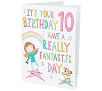 Regal Cards Tarjeta de cumpleaños para niña de 10 años, diseño de perro bailando, gris, rosa, azul, dorado, negro