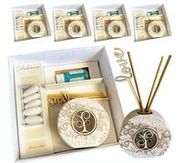 Regalami. Shop - Juego de 4 bomboneras perfumador de 7 x 6 cm de piedra blanca con caja, peladillas, esencia de lavanda, cinta y tarjeta personalizada (4, árbol)