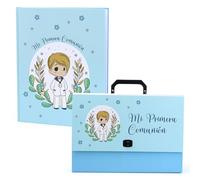 Regalantes.com Set de Primera Comunión con Maletín y Libro de Recuerdos para Niño y Niña - Modelo Azul y Rosa - Ideal para Guardar Fotografías y Dedicatorias (Azul niño, con maletín)