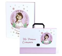 Regalantes.com Set de Primera Comunión con Maletín y Libro de Recuerdos para Niño y Niña - Modelo Azul y Rosa - Ideal para Guardar Fotografías y Dedicatorias (Rosa niña, con maletín)