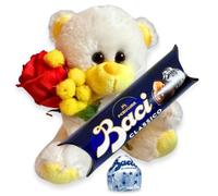 Regalo Baci Perugina para el Día de la Madre - Osito de peluche amarillo + Ramita de mimosa + Rosa artificial + Baci Perugina 37,5gr | Regalo Mama