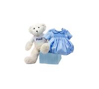 Regalo bebé ranita|pelele de punto de Smock|nido de abeja Azul válido de 6 a 12 meses | Y un precioso oso de peluche personalizado | Presentado en una caja vontage muy elegante | BebeDeParis