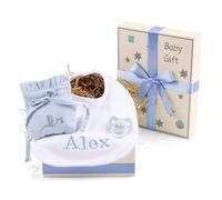 Regalo Bebé Recién Nacido Niño y Niña Con Babero Bordado | Funda Chupete y Accesorios | Canastilla Ideal Para Regalo Completo | Cesta Personalizada (Azul) | BebeDeParis