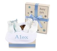 Regalo Bebé Recién Nacido Niño y Niña Con Calcetines | Babero Bordado y Caja | Canastilla Ideal Para Regalar Con Estilo y Comodidad | Cesta Personalizada (Azul) | BebeDeParis