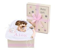 Regalo Bebé Recién Nacido Niño y Niña Con Chupete | Mordedor y Babero Bordado | Canastilla Ideal Para Uso Diario | Cesta Personalizada (Rosa) | BebeDeParis