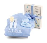 Regalo Bebé Recién Nacido Niño y Niña Con Muselina Bordada, Termómetro y Cepillo, Canastilla Funcional Para El Cuidado Del Bebé, Cesta Personalizada (Azul)