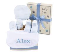 Regalo Bebé Recién Nacido Niño y Niña Con Set De Algodón y Babero Bordado | Canastilla Ideal como Regalo Suave y Único | Cesta Personalizada (Azul) | BebeDeParis