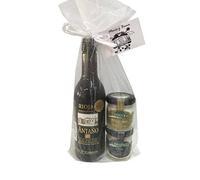 Regalo con vino tinto Rioja Antaño y dos tarros miniaturas de queso (cabra y torta) para celebraciones (Pack 24 ud)