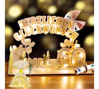 Regalo de 60 cumpleaños para padres y jubilados - Juego de regalo especial con libro de invitados de madera personalizado, cadena de luces LED de 2 m y bolsa de celofán, regalo de dinero y decoración