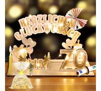 Regalo de 70 cumpleaños para abuela y abuelo, juego de regalo con libro de invitados de madera personalizado, cadena de luces LED de 2 m y bolsa de celofán, regalo tradicional de dinero y decoración