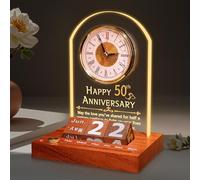 Regalo de boda de 50 aniversario, reloj de cuarzo de aniversario, reloj de mesa de escritorio, 50 años de matrimonio, boda dorada para pareja, padres, abuelos (base de madera con luz LED)