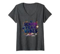 Regalo de celebración de graduación de Senior Year Vibes Camiseta Cuello V, Mujer, Jaspeado Oscuro, L