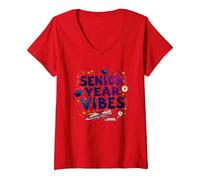 Regalo de celebración de graduación de Senior Year Vibes Camiseta Cuello V, Mujer, Rojo, L