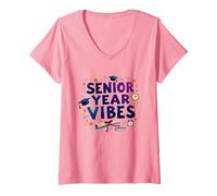 Regalo de celebración de graduación de Senior Year Vibes Camiseta Cuello V, Mujer, Rosado, L