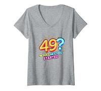 Regalo de cumpleaños: 49? I'm Just Getting Started - Neon Vibes Camiseta Cuello V, Mujer, Gris Jaspeado, L
