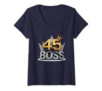 Regalo de cumpleaños: Corona de Aniversario de 45 años de ser un Jefe Camiseta Cuello V, Mujer, Azul Marino, S