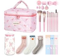 Regalo de cumpleaños para novia, juego de regalo de 36 piezas para mejor amiga con vaso de cristal de 500 ml, 10 pinceles de maquillaje, bolsa de cosméticos grande para cumpleaños, maquillaje, belleza