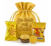 Regalo de dinero con texto en inglés "Una bolsa llena de oro" - Bolsa de regalo de satén dorado con divertido estampado de golosinas doradas y lingotes de oro rellenables (caja dorada), talla S